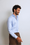 Load image into Gallery viewer, Man wearing a light blue shirt and brown pants